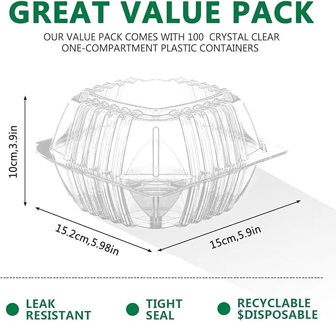 BallHull 200 Pack Clear Thickening Plastic Hinged Take Out Containers Disposable Clamshell Food Cake Containers with Lids 5.8 x 5.8 x 3.2 inch for Dessert, Cakes, Salads, Pasta, Sandwiches