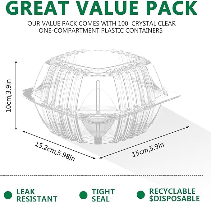 BallHull 100 Pcs Clear Thickening Plastic Hinged Take Out Containers Disposable Clamshell Food Cake Containers with Lids 5.8 x 5.8 x 3.2 inch for Dessert, Cakes, Cookies, Salads, Pasta, Sandwiches