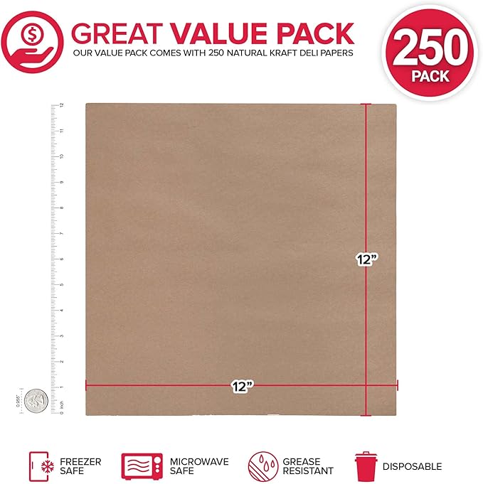 12” Deli Squares (250 Pack) - Natural Kraft Deli Papers - Greaseproof Liners for Food Boats - Pre Cut Deli Sandwich Wrappers - Food Basket Sheets for BBQ, Picnic, Festival, Fair - Stock Your Home