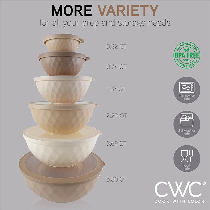 COOK WITH COLOR Mixing Bowls with Lids - 12 Piece Plastic Nesting Bowls Set includes 6 Prep Bowls and 6 Lids, Non Slip Bottom and Diamond Design - Microwave Safe