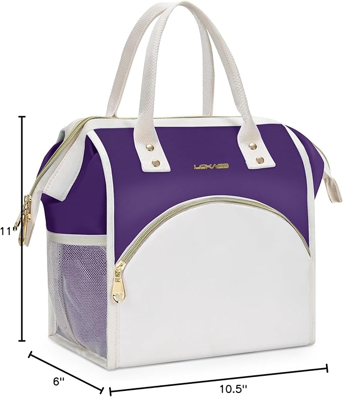 LOKASS Lunch Bag Women Insulated Lunch Box, Wide-Open Lunch Tote Bag Leak-proof Cooler Bag for Work Picnic-(Purple)