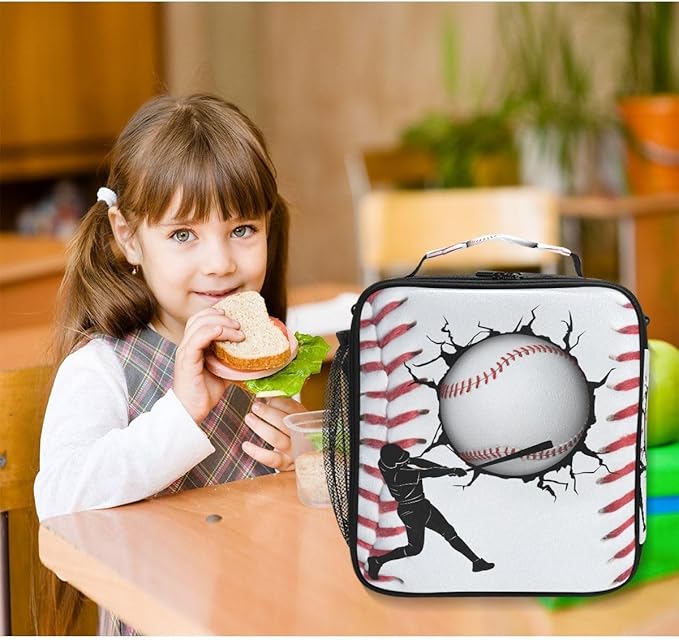 Sport Baseball Lunch Box for Kids Boys Girls, Cooler Insulated Lunch Tote Bag with Adjustable Strap for School Daycare