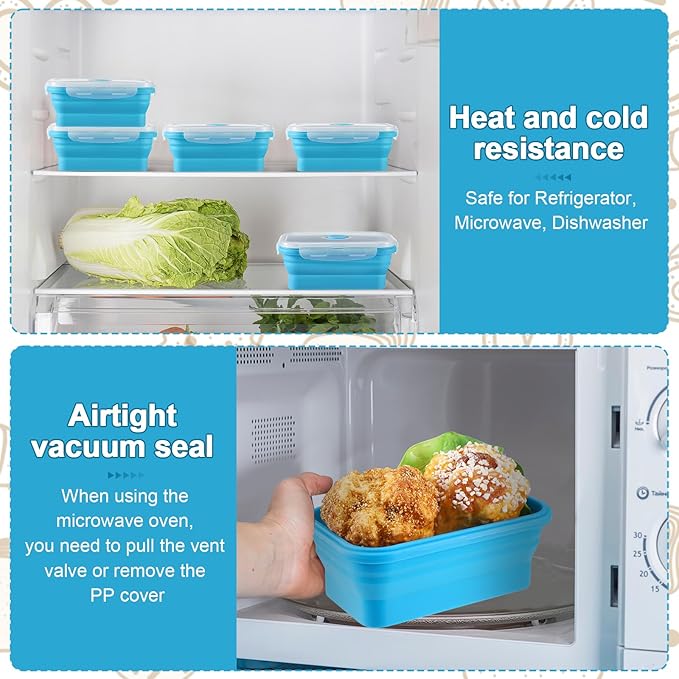 Mifoci Set of 8 Silicone Collapsible Food Storage Containers 17 oz Collapsible Meal Prep Container Square Bowl with Vent Lids, Microwave, Freezer and Dishwasher Safe (Blue)
