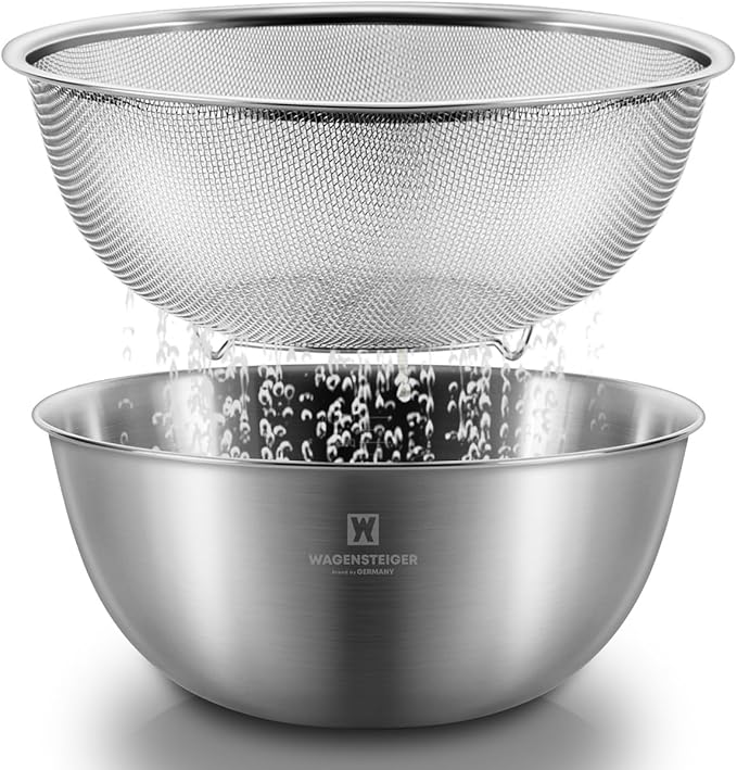 Stainless Steel Mixing Bowl and 3-Legged Colander Set, Multipurpose Kitchen Basket with Fine Mesh Colander, Salad Mixing Bowl with Strainer, Rinsing Vegetables & Fruits (24cm / 9.45")