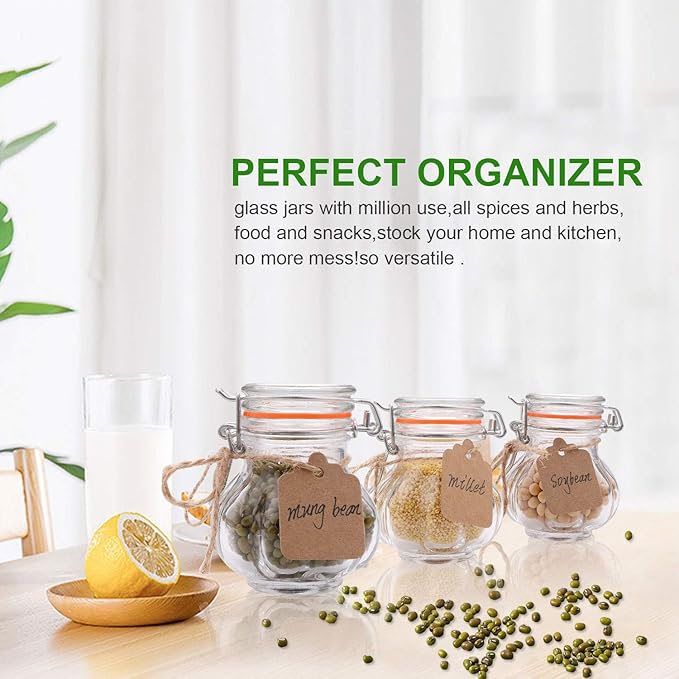 Glass Spice Jars,Encheng Glass Jars With Airtight Lids 4 oz,Small Jars With LeakProof Rubber Gasket,Mason Jars With Hinged Lids For Kitchen,Mini Storage Containers With Twine and Tags Labeling 30 Pack