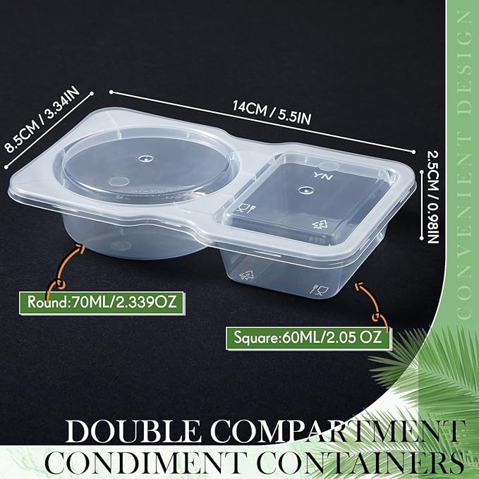 10 Pcs 5 oz Double Compartment Snack Containers with Lids Clear 2 Compartment Small Disposable Plastic Snack Box Container for Sauce Salad Travel Sampling