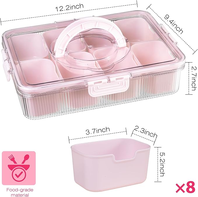 Patent Design Ribbed Snackle Box Container Divided Serving Tray with Lid and Handle -Charcuterie Container Portable Storage Organizer for Candy, Fruit, Beach, Picnics(1 pcs, Pink