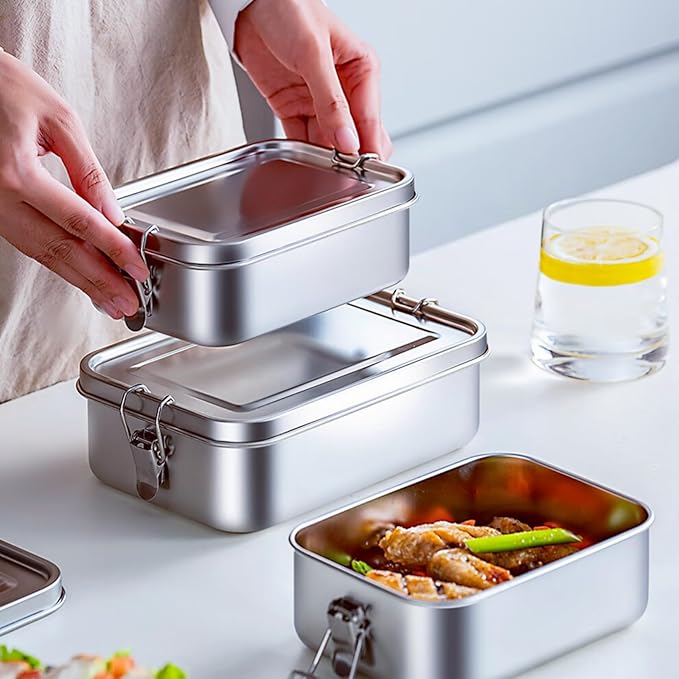 4 Pack Stainless Steel Lunch Box, 550ml Small Metal Bento Box Engraving Food Words, Reusable Dishwasher Safe Stainless Steel Containers for Work, Outdoor (Food, Small)