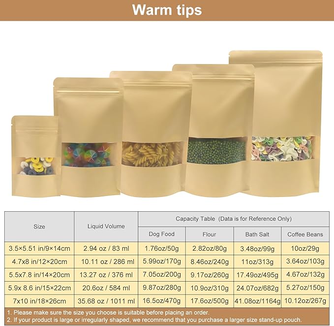 SumDirect Kraft Food Bags with Window - Resealable Kraft Stand Up Pouches, 50Pack 4.7x7.8inches Zipper Food Storage Bags for Packaging