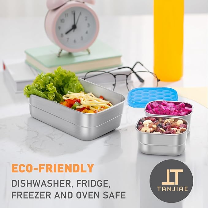 Small Stainless Steel Lunch Containers for Kids | Leak Proof Snack Containers with 100% Pure Silicone Lids - Perfect Metal Lunch Box with Lids for School and Daycare (25oz+8oz*2)