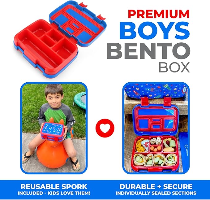 Kinsho Bento Lunch Box for Kids Toddlers, 5 Portion Control Sections, BPA Free Removable Plastic Tray, Pre-School Kid Toddler Daycare Lunches, Snack Container Ages 3 to 7 (Blue Space Rockets)