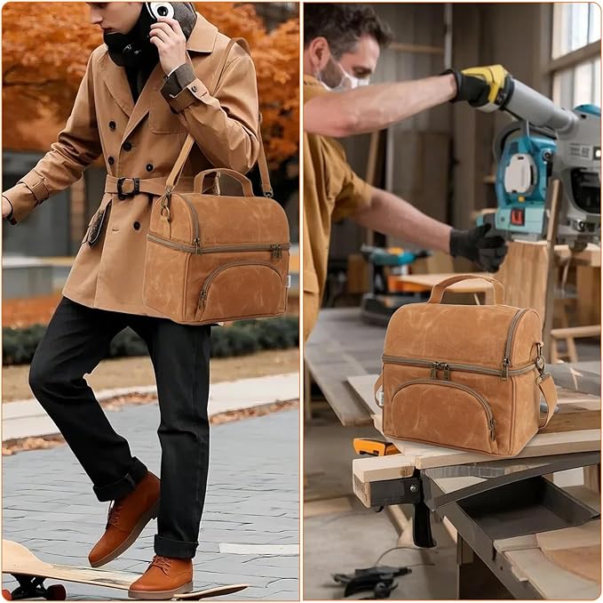 Lunch Box For Men with 2 XL icepacks Sturdy Waxed Canvas Lunch Bag for Men, Soft Cooler Bag for Construction Sites,Work,Picnic and Hiking12-Can(10.5L) 10"x9.5"x7" (Biscuit Yellow)