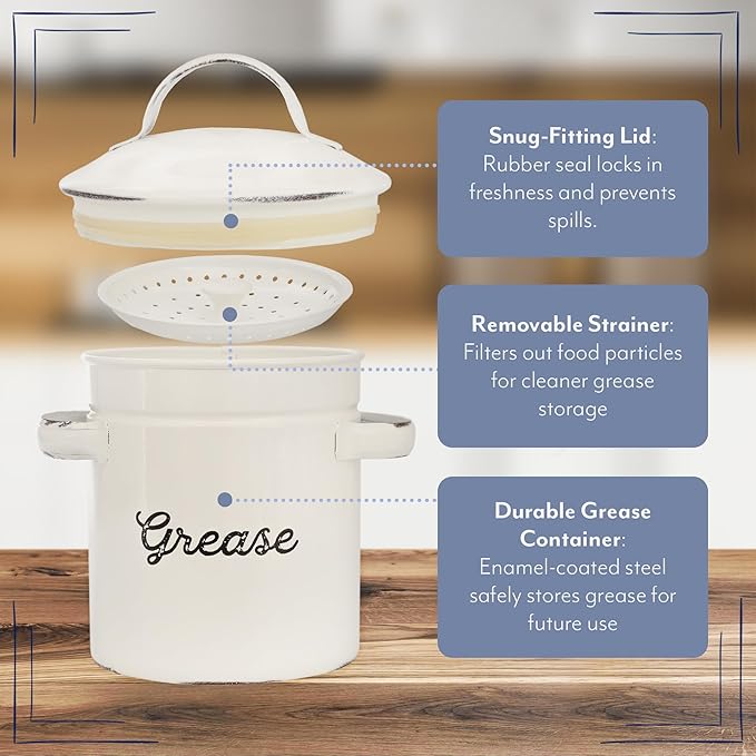 AuldHome Design Enamelware Grease Container w/ Strainer, Farmhouse Style Kitchen StorageTin, Labeled "Grease"