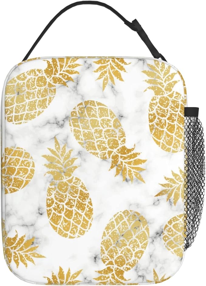YETTA YANG Marble Gold Pineapple Portable Lunch Bag Insulated Lunch Box Reusable Totes For Women Men Work Picnic Camping