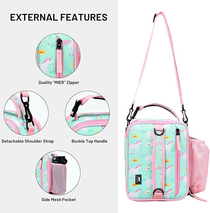 MIER Expandable Lunch Bag Insulated Lunch Box for Teen Girls Women to School Work Travel Portable Lunchbox Bags with Shoulder Strap and Water Bottle Holder(Green-Unicorn)