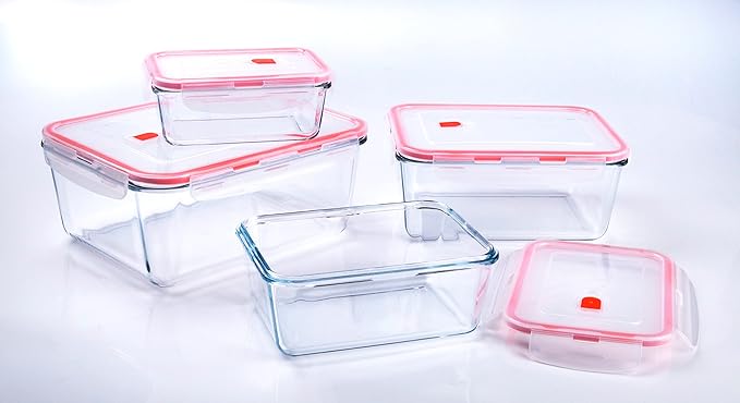 Extra Large Glass Food Storage Containers with Lids, Set-8-Piece Lunch Containers, Ideal for Storing Food, Vegetables, Fruits, Baking Cake & lot of other Tasty Food (Rectangular)