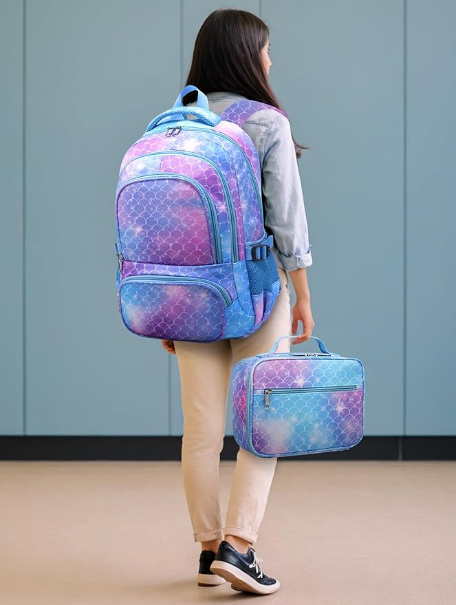 BLUEFAIRY Girls Backpack with Lunch Box Set Mermaid School Bag Set for Kids Elementary Primary School Book Bags Back to School Bookbags for Childs Lightweight Mochila para Niñas Cute Gifts Aged 4-8