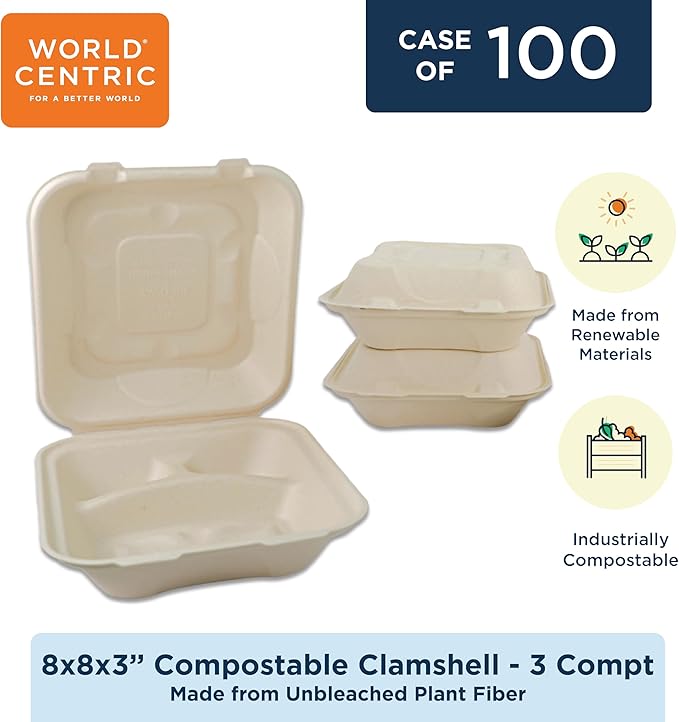 World Centric Compostable Clamshell Container 8x8x3'', 3-Compartment – Grease and Moisture Resistant – 100 Pack
