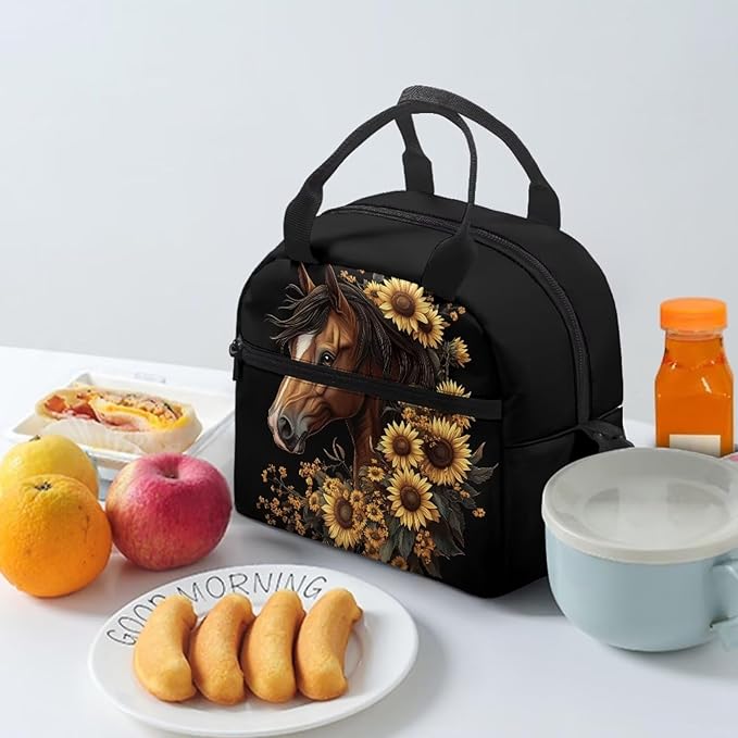 Showudesigns Sunflower Horse Lunch Box for Teen Girls 10-12 12-14 Insulated Lunch Bag Primary Middle School Cooler Tote Bag Kids Crossbody Purse Picnic Bags with Thicken Handle
