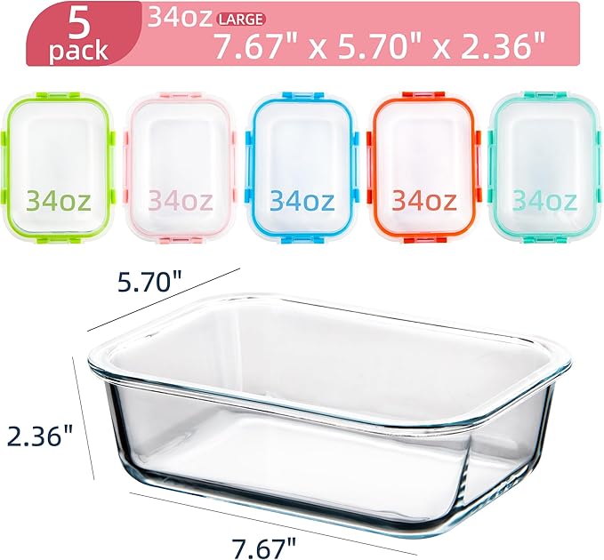 Glass Meal Prep Containers with Lids(5 Pack, 34oz), Glass Food Storage Containers for Lunch at Work, Leak-proof Food Containers, Microwave/Dishwasher Safe