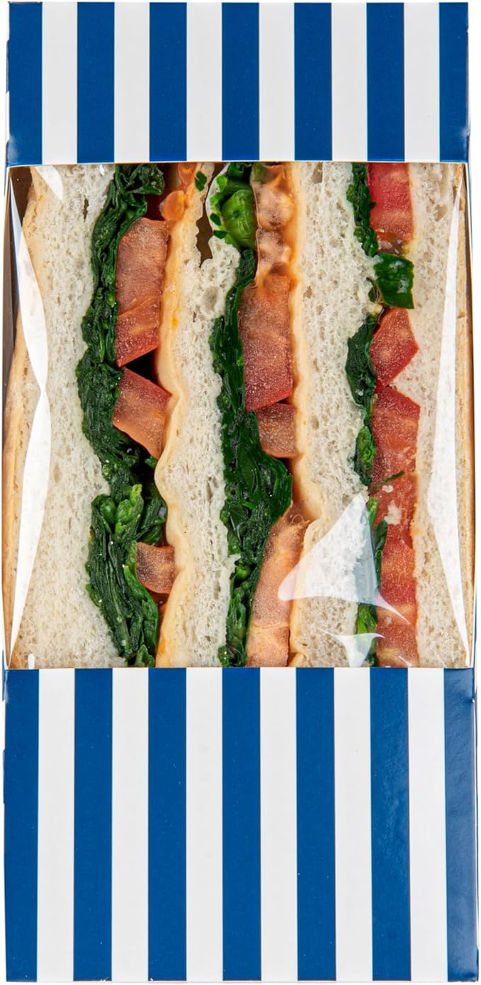 Restaurantware-Cafe Vision 4.8 x 3.2 Inch Sandwich Paper Boxes, 200 Large Sandwich Wedge Boxes - With Window, Disposable, Blue And White Paper Triangle Sandwich Containers, Striped, Grease-Impervious