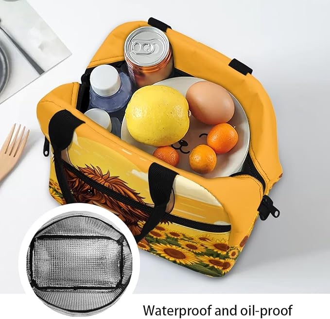 Showudesigns Highland Cow Lunch Box for Girls 8-10 10-12 12-14 Lunch Tote Bag Sunflower Lunchbox Bento Keep Food Cold and Warm for Long Time Picnic Bags Insulated Lunchbags
