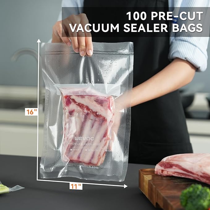 11" x 16" Precut Vacuum Sealer Bags, 100 Count, Includes 5 Liquid Block Bags & 5 Bone Guard Pieces, Heavy Duty for Food Storage, Sous Vide & Meal Prep, Wevac Core