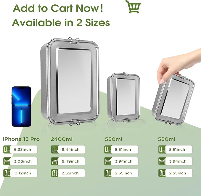 304 Stainless Steel Bento Box 3 Pack Stainless Steel Containers With Lids 2400/550/550ml,Leak-Proof & Stackable Storage Stainless Steel Food Storage Containers for Soup Salad Leftover