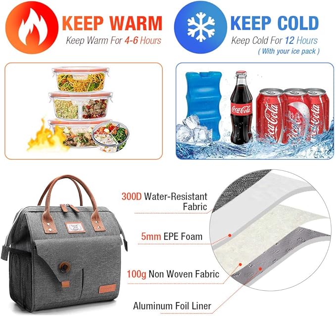 Lekesky Lunch Bag Women Insulated Lunch Tote Bag for Adults Work, Leakproof Lunch Box, Grey