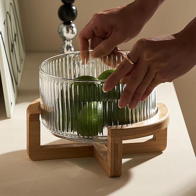 Ribbed Glass Salad Bowl with Wooden Stand – Large Mixing Bowl for Serving Salad, Fruits, Pasta & Desserts – Elegant Glass Serving Bowl with Natural Bamboo Holder – Modern Kitchen & Dining Tableware
