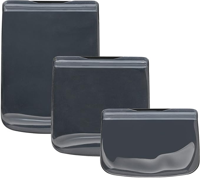 W&P Porter Silicone Reusable Storage Bags, Flat Variety 3 Pack (10oz, 34oz, 46oz), Charcoal, Food Storage Container, Microwave and Dishwasher Safe, Easy Cleaning