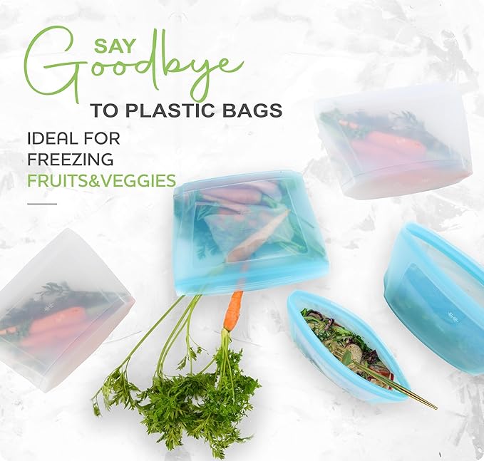 Reusable Silicone Food Storage Bag, Set of 6 White Stand Up Food Storage Container, Reusable Zipper seal bag, no lid required, for Food Storage& Meal Prep, Freezer Oven Dishwasher - Safe