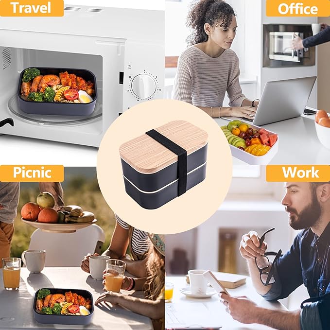 Stackable Bento Box with Utensils Microwave Safe, All-in-One Meal Prep Compartment Lunch Containers Leak Resistant Lunch Box with Sauce Container 60oz Black(without bag)
