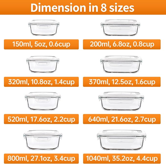 HOMBERKING 8 Pack Glass Food Storage Containers with Lids, Meal Prep Containers, Airtight Bento Boxes with Leak Proof Locking for Microwave, Oven, Freezer and Dishwasher, BPA Free, 5-35oz, white