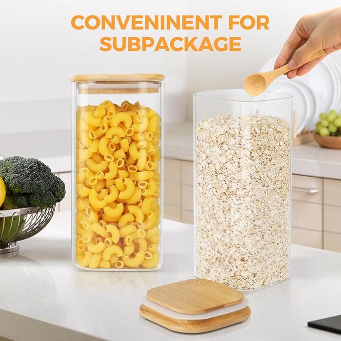 Glass Jars with Airtight Lid,Glass Storage Jars with Bamboo Lid, 54oz Set of 4 Glass Canisters with Airtight Lids, Square Glass Kitchen Storage Containers Jars,Pasta Containers