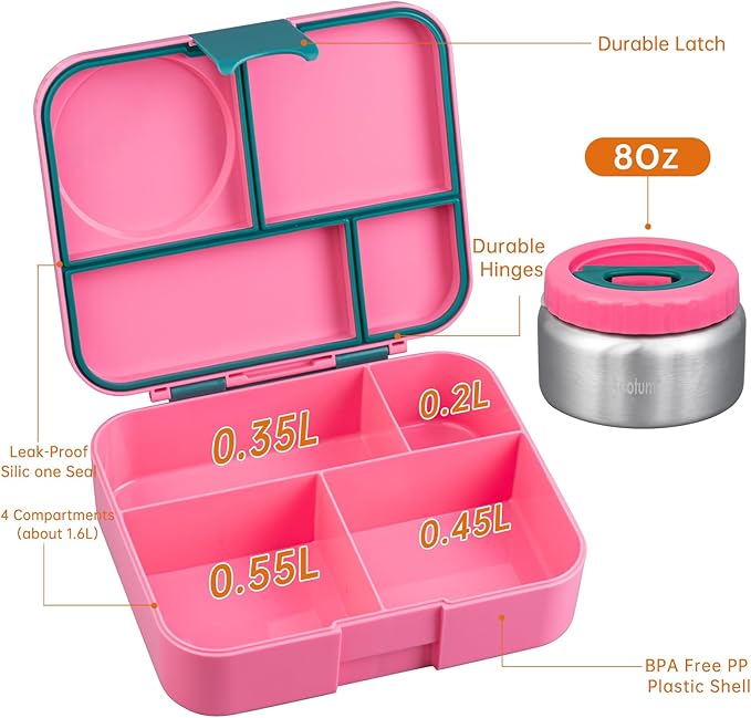 Bento Lunch Box for kids With 8oz Soup Thermo,Leak-proof Lunch Containers with 4 Compartment,Thermo Food Jar, BPA Free,Travel, School