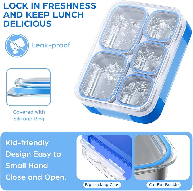 Bento Box Stainless Steel Lunch Box Set with for Lunch Bag Kids Adult 5-Compartment Leakproof Insulated Lunch Containers with Utensils for School Works, Metal Lunchbox Tray BPA-Free (Blue)