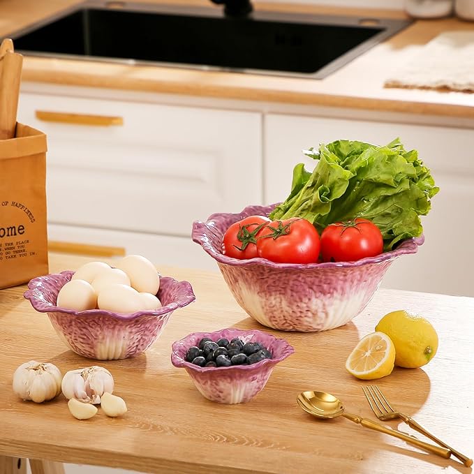 KXZ Ceramic Mixing Bowls Set, Nesting Bowls Set of 3 For Kitchen - 60oz, 16oz, 5oz Prep Serving Bowl Set for Entertaining, Baking and Mixing Salad, purple