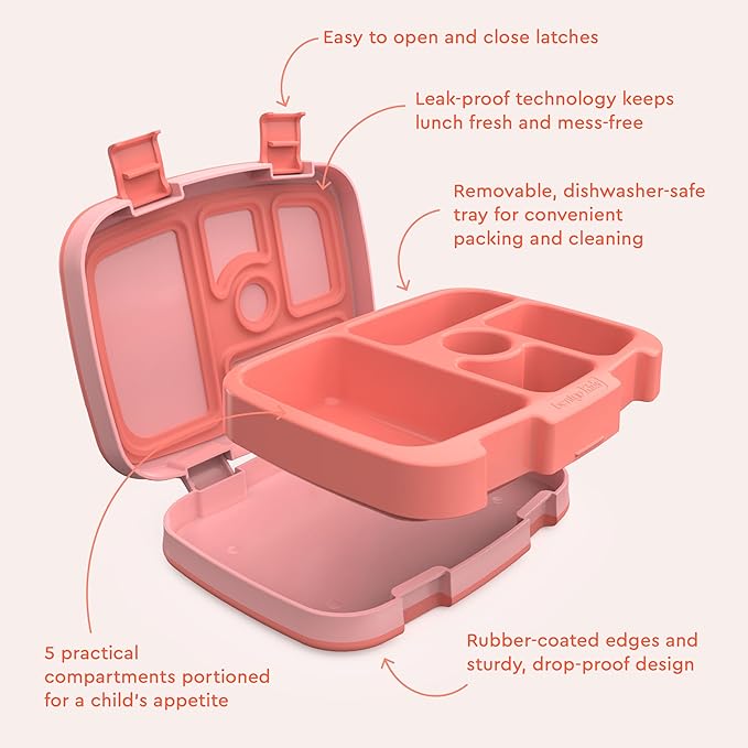 Bentgo Kids Bento-Style 5-Compartment Leak-Proof Lunch Box - Ideal Portion Sizes for Ages 3 to 7 - Durable, Drop-Proof, Dishwasher Safe, BPA-Free, & Made with Food-Safe Materials (Coral)