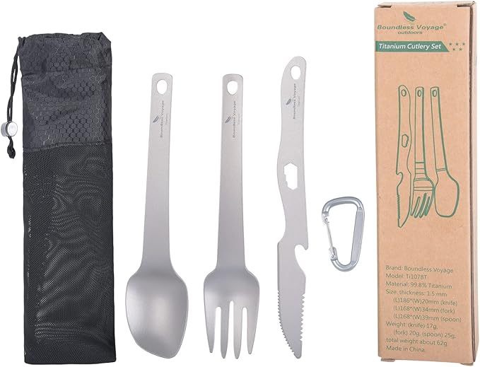 Boundless Voyage Titanium Cutlery Set Ultralight Utility Flatware Utensil Spoon Fork Knife in Case for Home Use Travel Camping Ti1078T