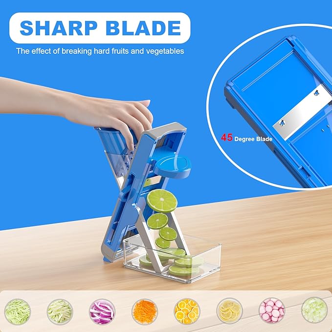 Mandoline Slicer for Kitchen - Vegetable Food Chopper, Cucumber Slicer, Detachable Easy to Clean Kitchen Chopping Artifact (Gray-Dark Blue)