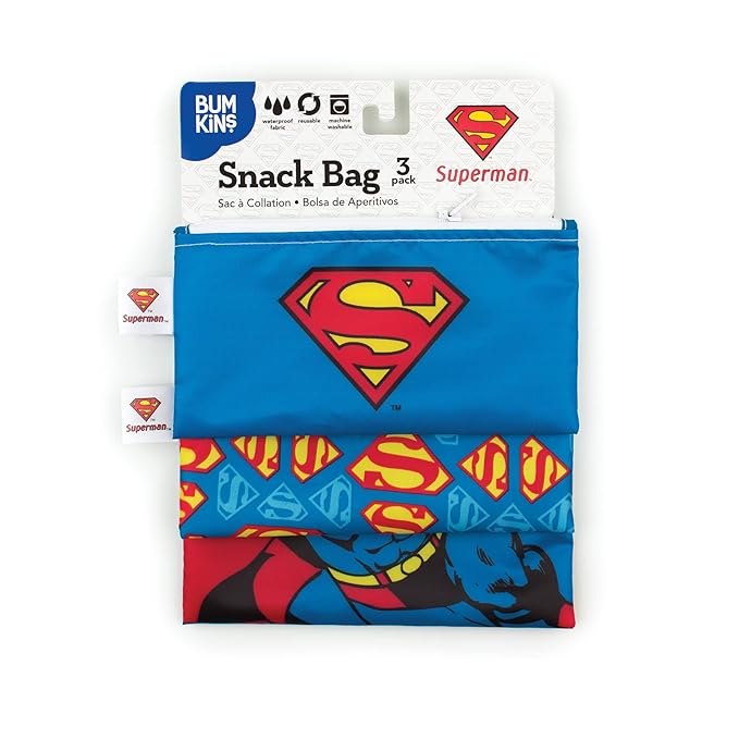 Bumkins Reusable Sandwich and Snack Bags, for Kids School Lunch and for Adults Portion, Washable Fabric, Waterproof Cloth Zip Bag, Travel Pouch, Food-Safe Storage, 3-pk DC Comics Superman