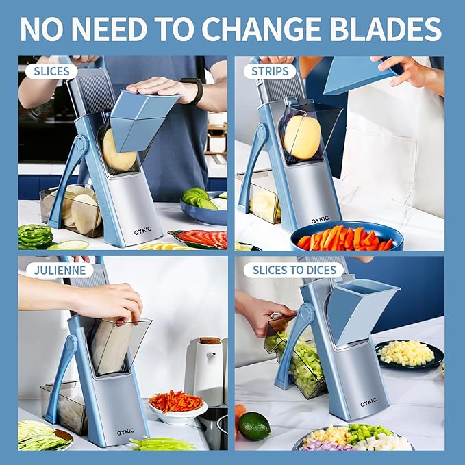 Upgrade Safe Mandoline Slicer for Kitchen, Chopper Vegetable Cutter, Potato Slicer Thickness Adjuster, French Fry Cutter, Veggie Dicer Faster Kitchen Mandolin for Meal Prep (Blue)