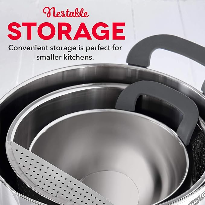 DASH Stainless Steel Mixing Bowls with Lids, Silicone Non-Slip Base with Measuring Lines and Strainer, 3 Bowl Set - 1.5 Quart, 3 Quart, & 5 Quart - Grey