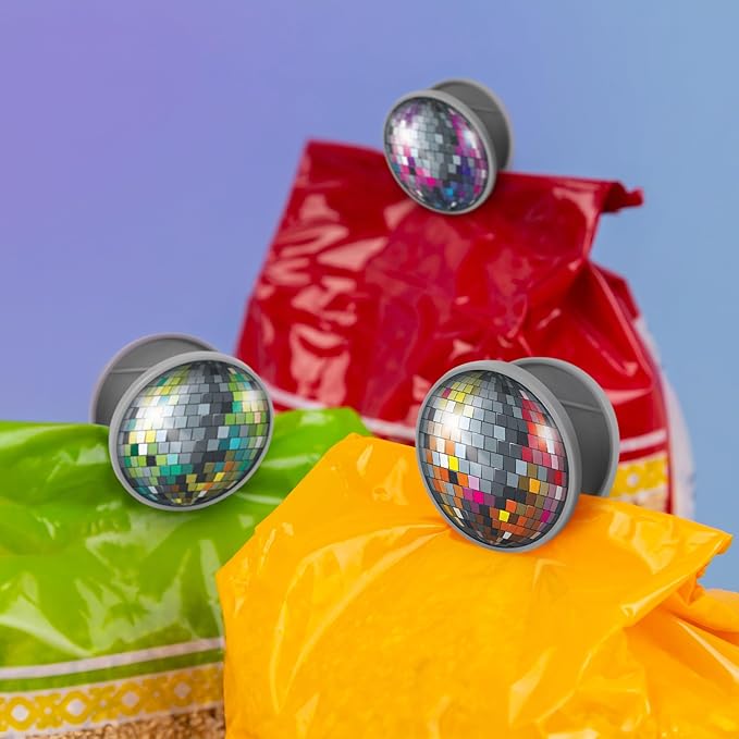 Genuine Fred BOOGIE BITES, Disco Ball Bag Clips, Set of 4, Set of 4 Groovy Spring-Loaded Clips for Fresh Snacks, Metallic Printed Graphics, Fun Food Storage Clips, Fun Kitchen Accessories