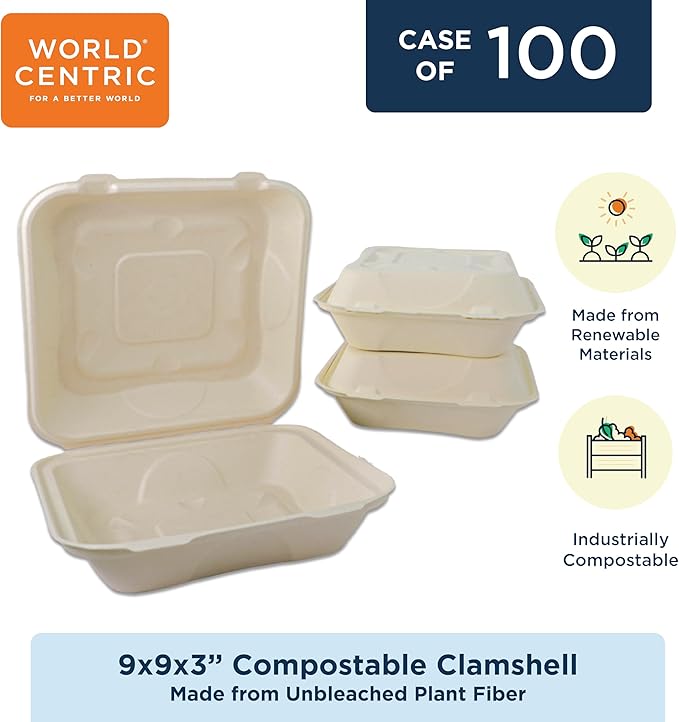 World Centric Compostable Clamshell Containers 9x9x3 - Grease and Moisture Resistant - 100 Pack
