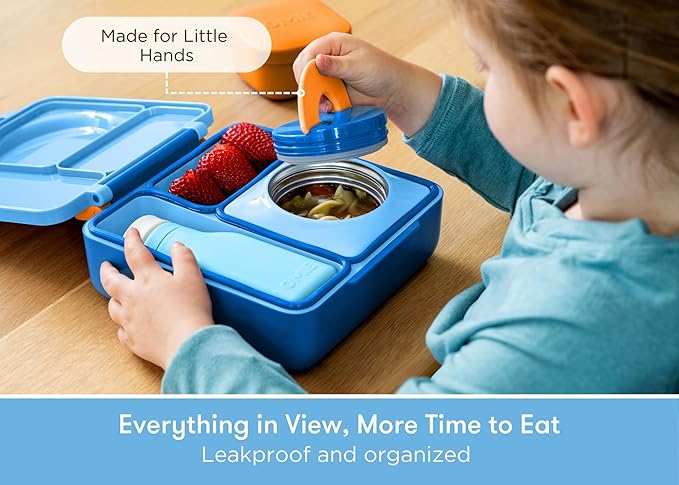 Omie OmieBox Bento Box for Kids - Insulated Lunch Box with Leak Proof Thermos Food Jar - 3 Compartments, 2 Temperature Zones (Blue Sky)