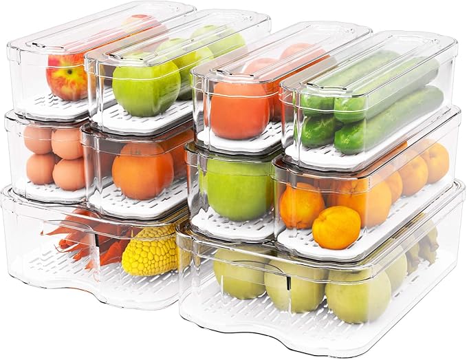 Fridge Organizers and Storage, 10 Pack Clear Freezer Organizer Bins with Lids for Kitchen, Pantry, Refrigerator, Food, Fruit, Vegetable Storage