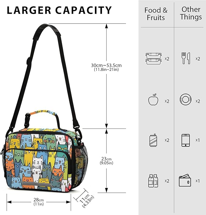 MNSRUU Student Lunch Bag Cute Cat Insulated DinnerTotes Picnic Bag Lunch Box with Adjustable Shoulder Strap for Teen Kids Adults