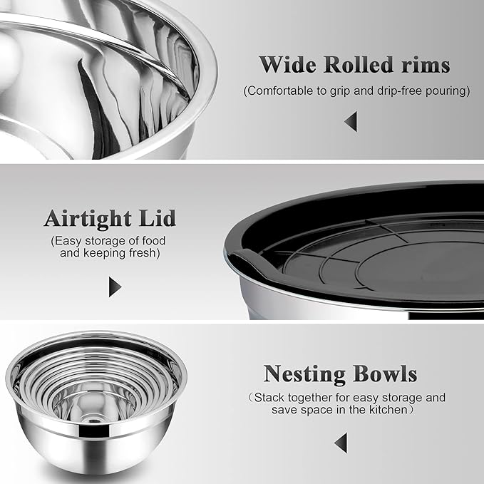 TeamFar Mixing Bowls with Lids Set of 7, Stainless Steel Nesting Salad Mixing Bowls with 16 PCS Cooking Utensils Set, 7, 4.5, 3, 2.5, 1.5, 1.2, 0.7 QT, Fit for Mixing/Prepping, Black
